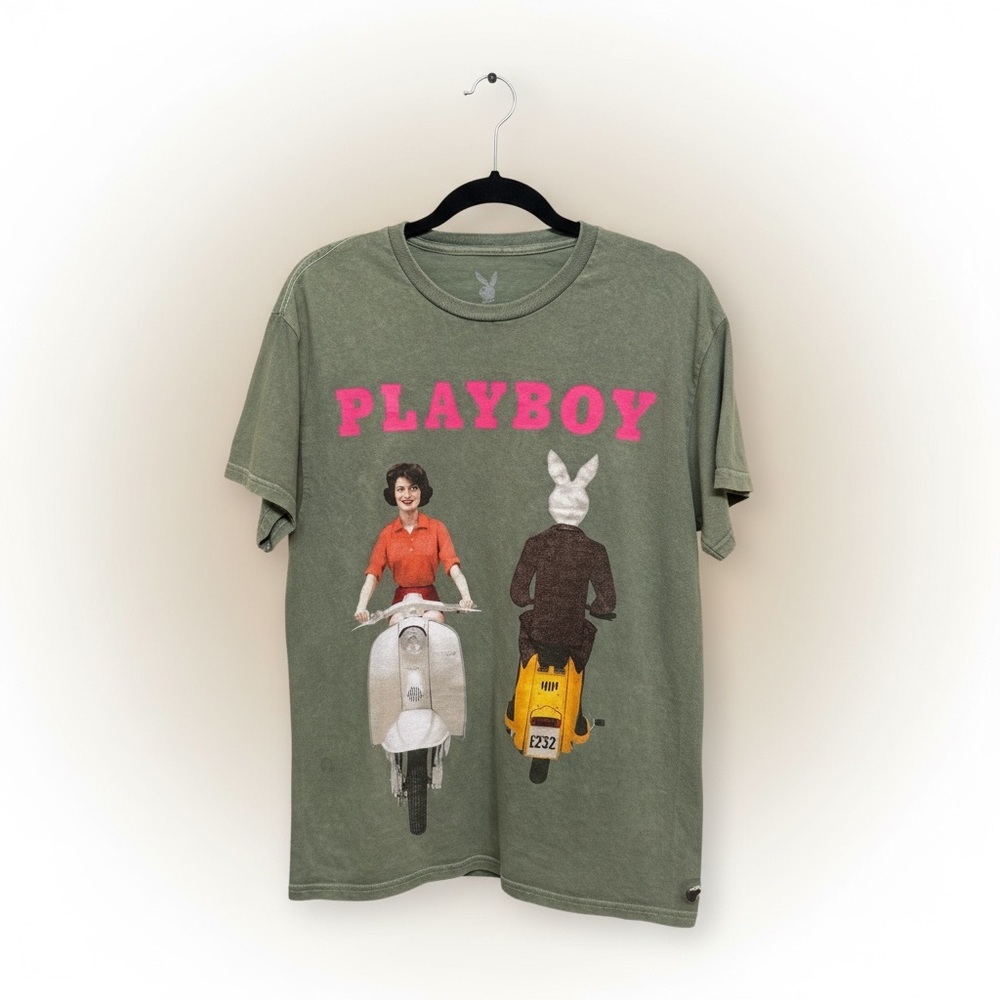 Playboy Graphic T-Shirt Green Bunny Logo Retro Scooter Tee Streetwear M